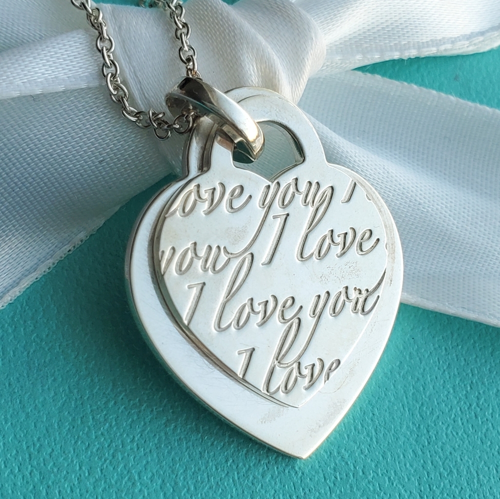 Retired double heart tag I love you necklace